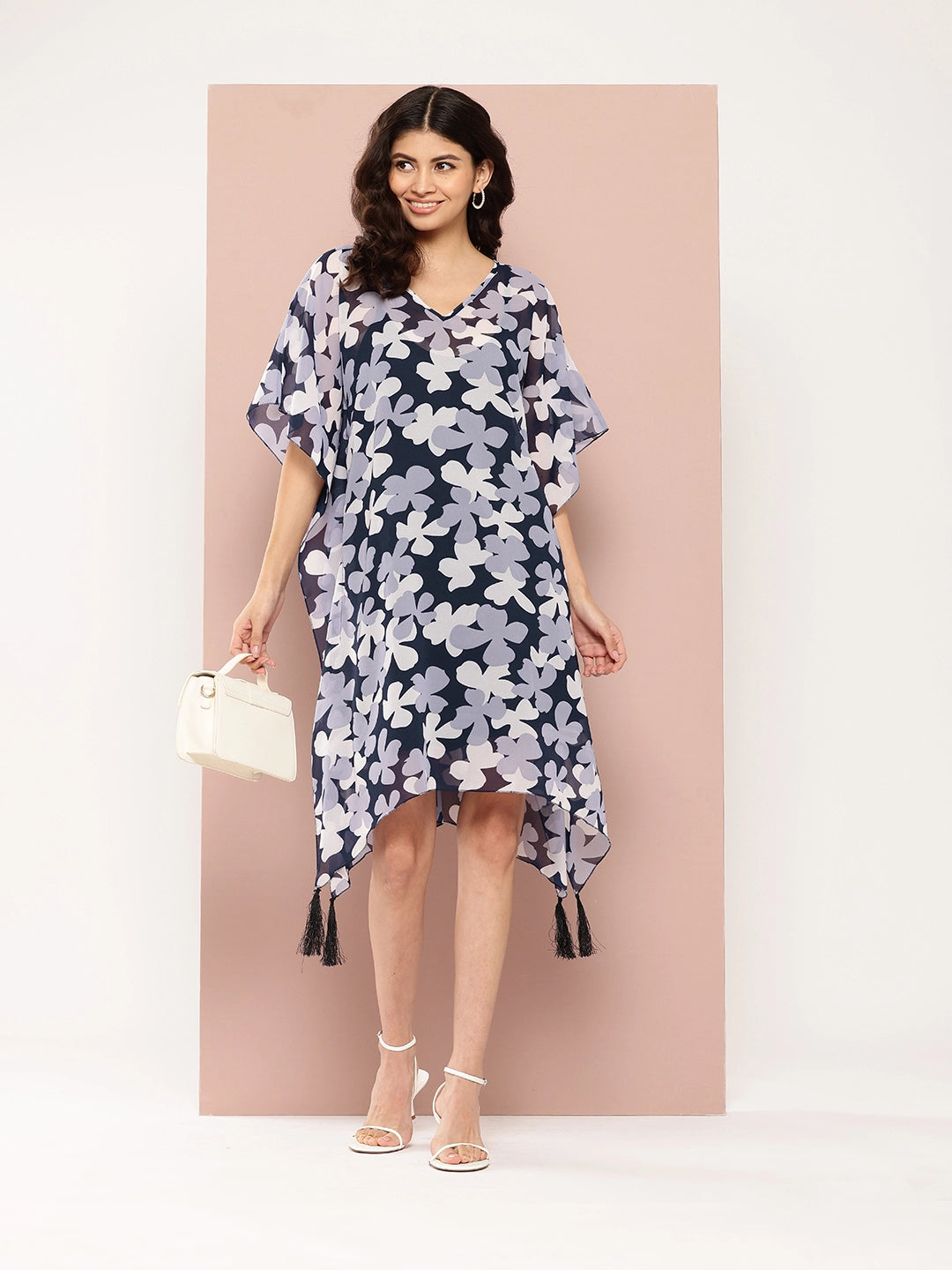 Navy and white floral below knee length kaftan