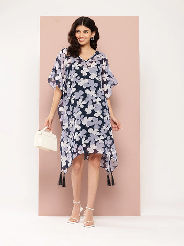 Navy and white floral below knee length kaftan