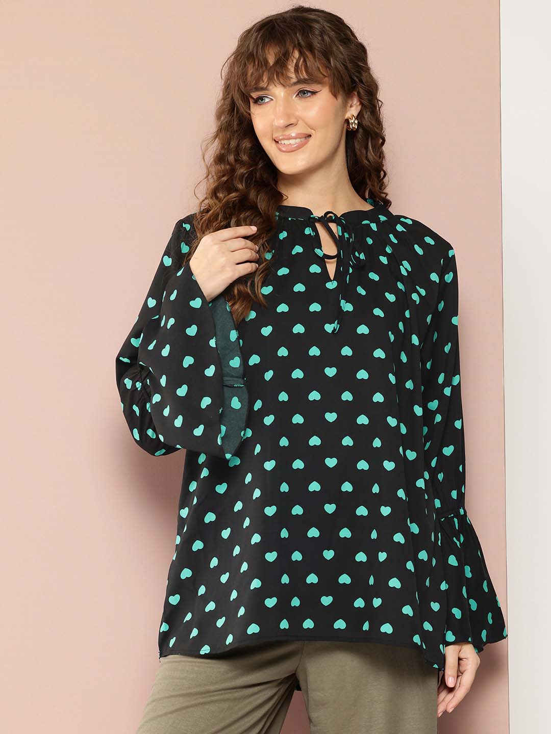 Heart Print Tie-Up Neck Top with Long Bell Sleeves