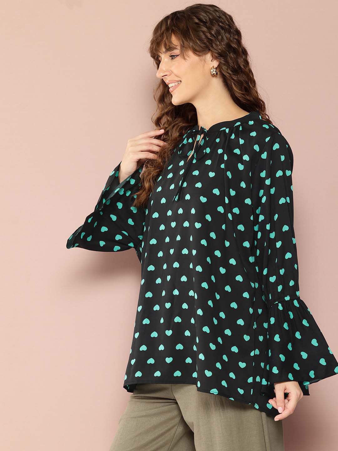 Heart Print Tie-Up Neck Top with Long Bell Sleeves