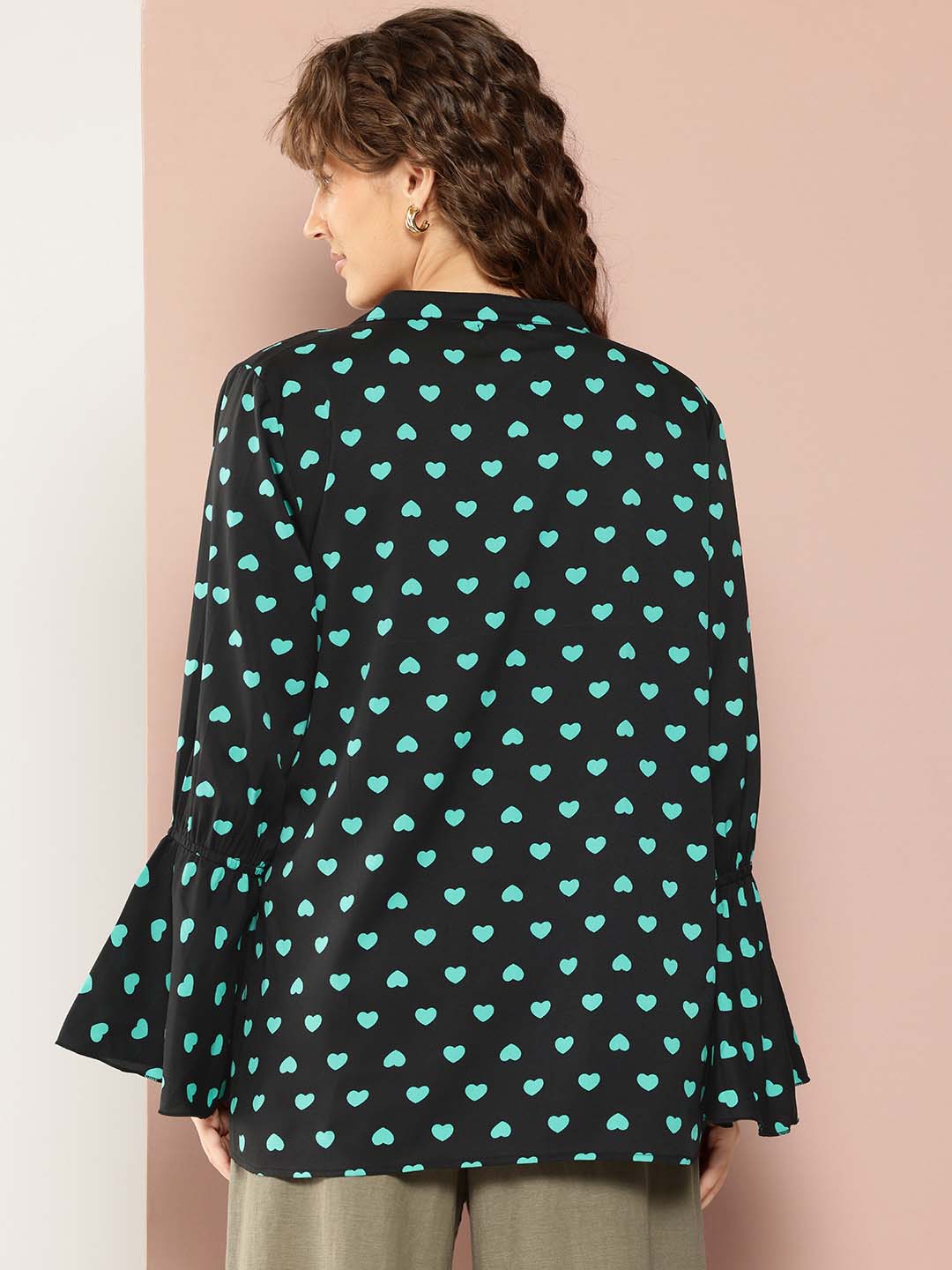 Heart Print Tie-Up Neck Top with Long Bell Sleeves