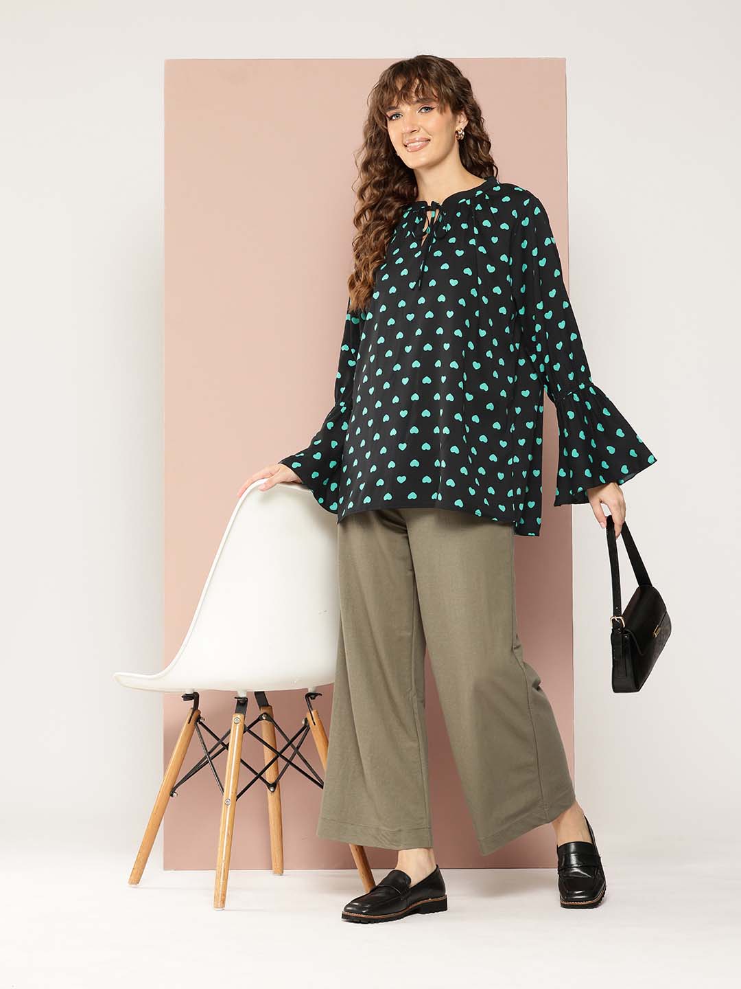 Heart Print Tie-Up Neck Top with Long Bell Sleeves