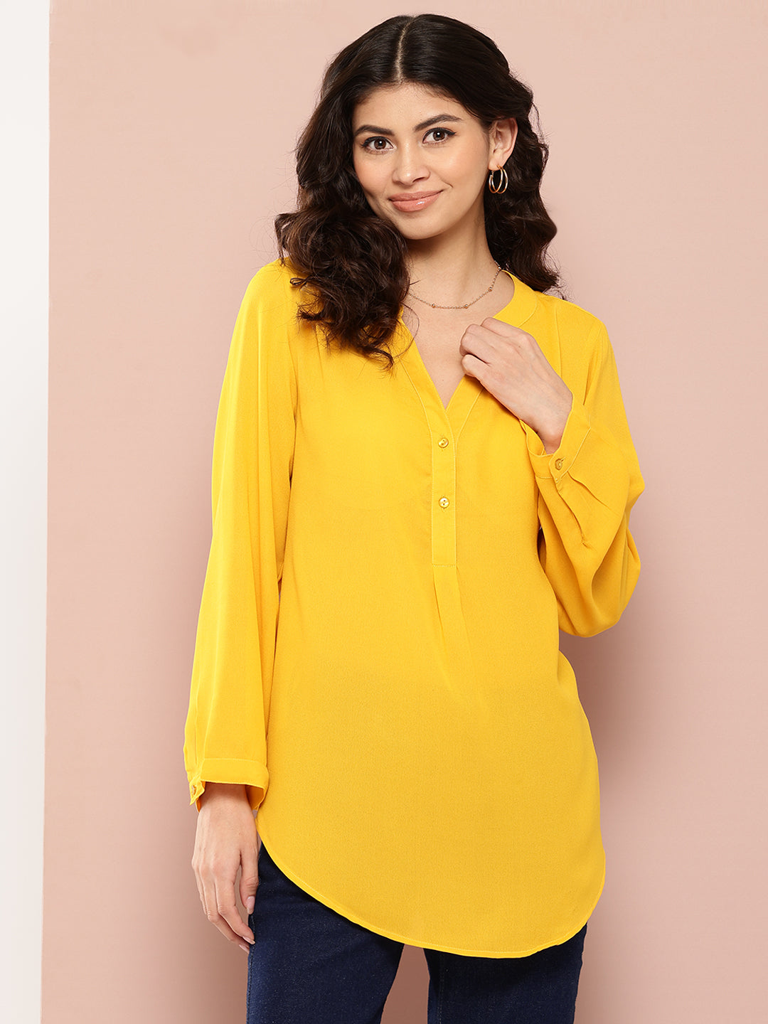 Solid Yellow half-placket mandarin collar shirt