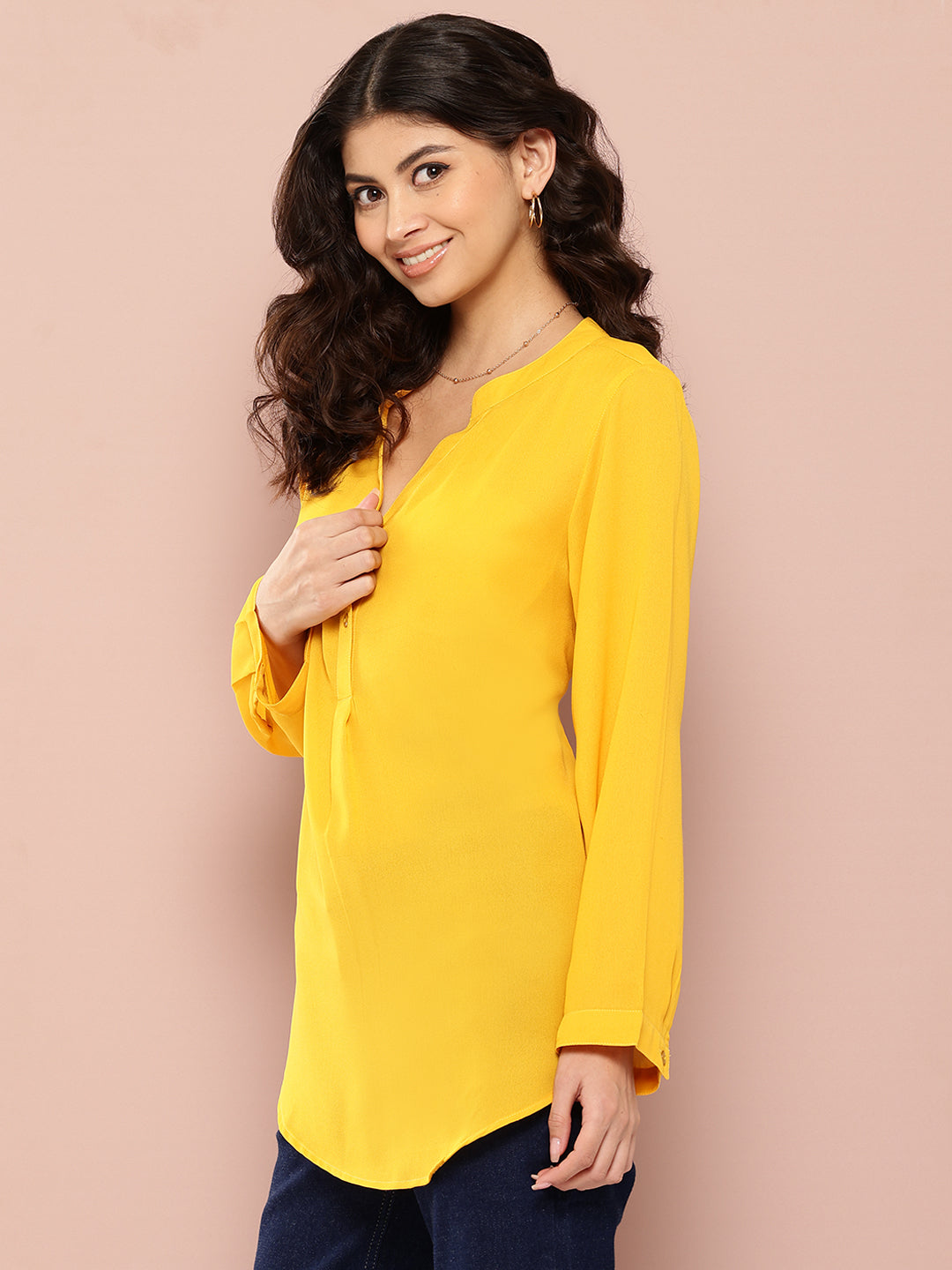 Solid Yellow half-placket mandarin collar shirt