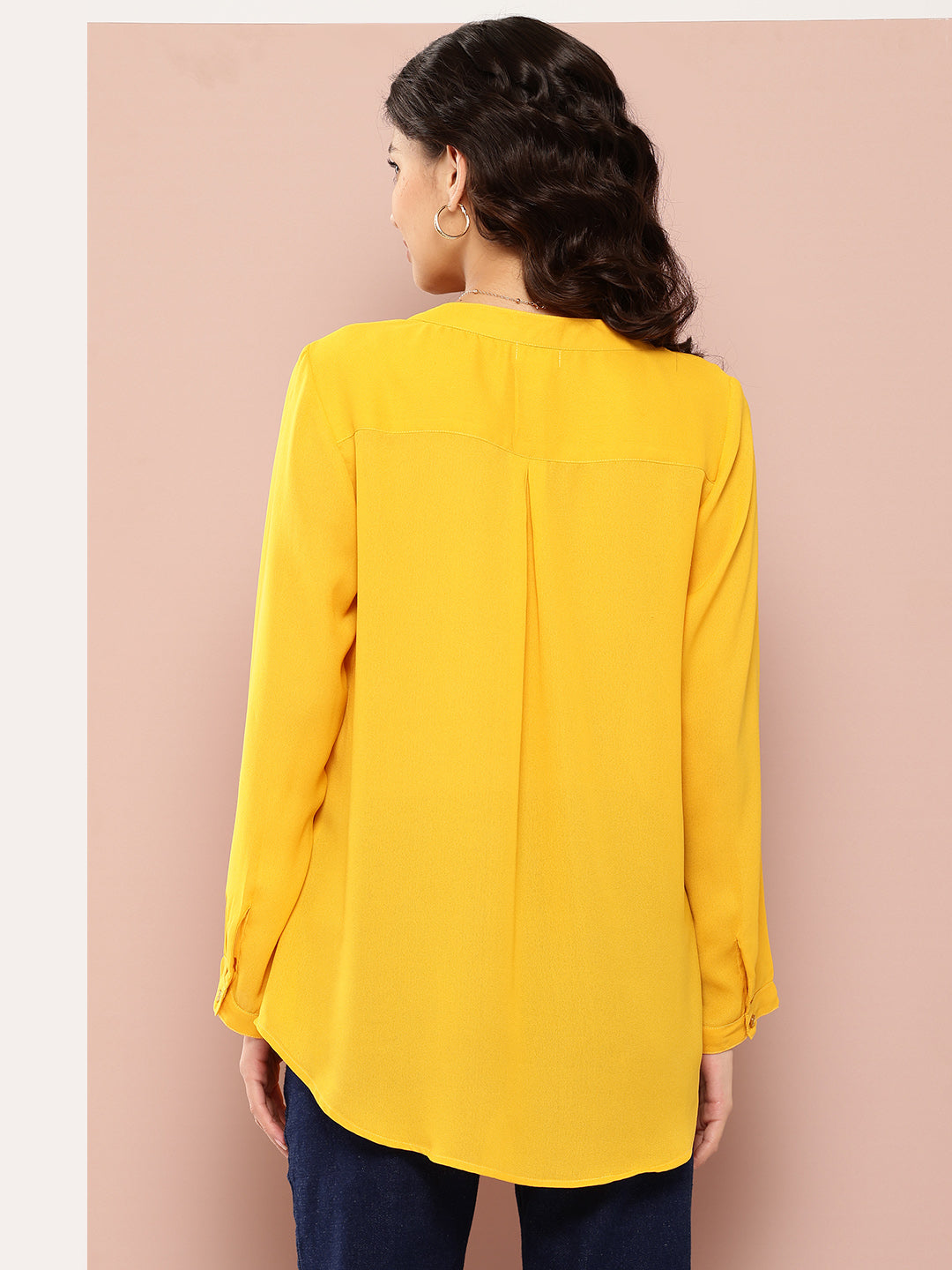 Solid Yellow half-placket mandarin collar shirt