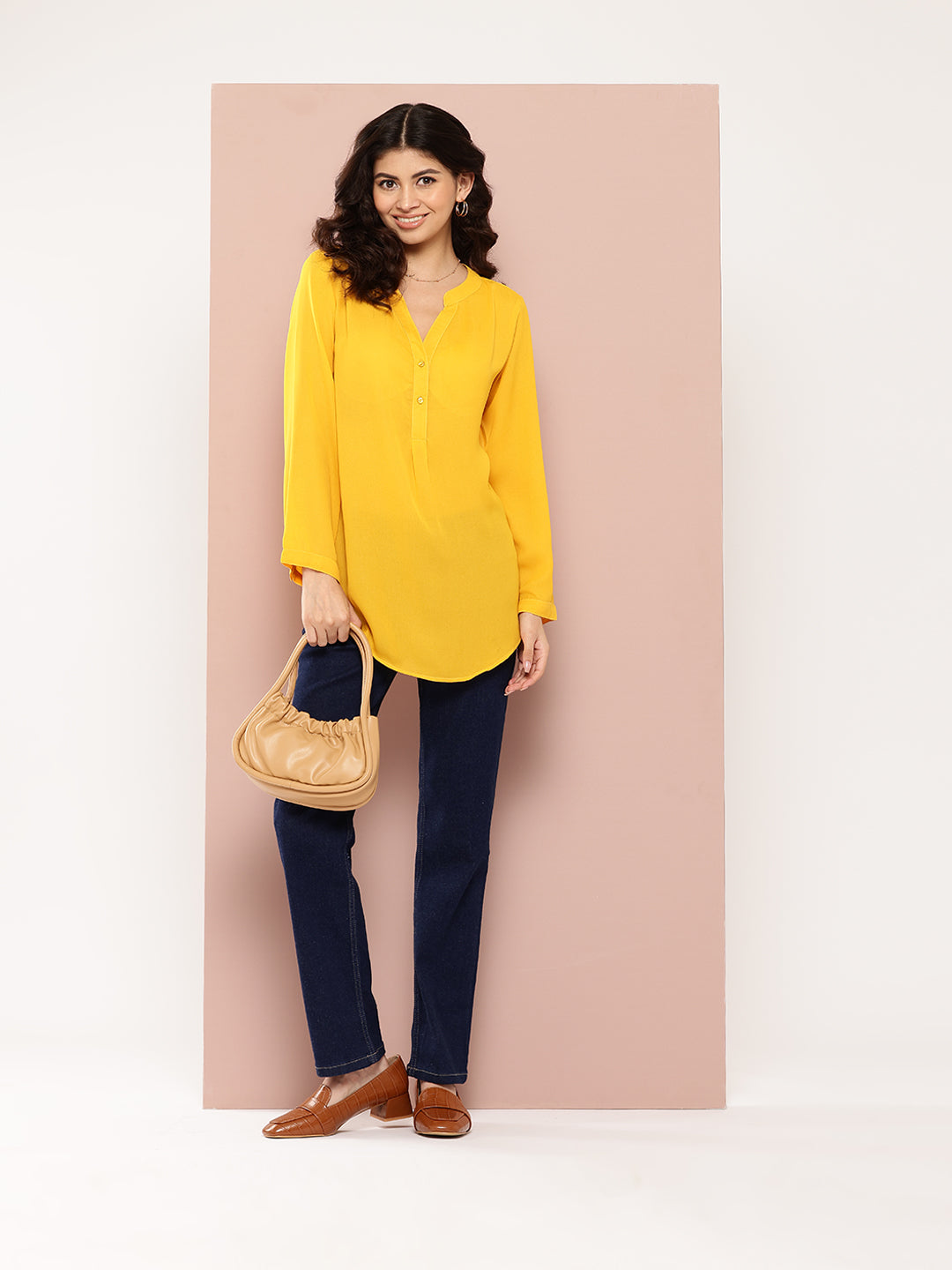 Solid Yellow half-placket mandarin collar shirt