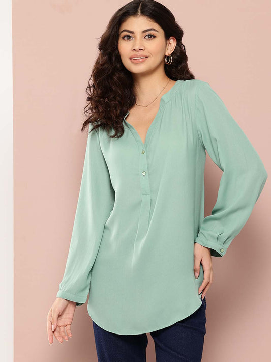 Solid Mint green half-placket mandarin collar shirt