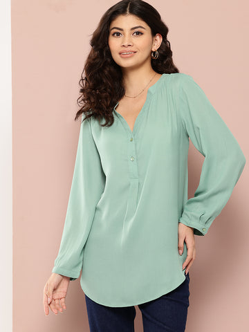 Solid Mint green half-placket mandarin collar shirt