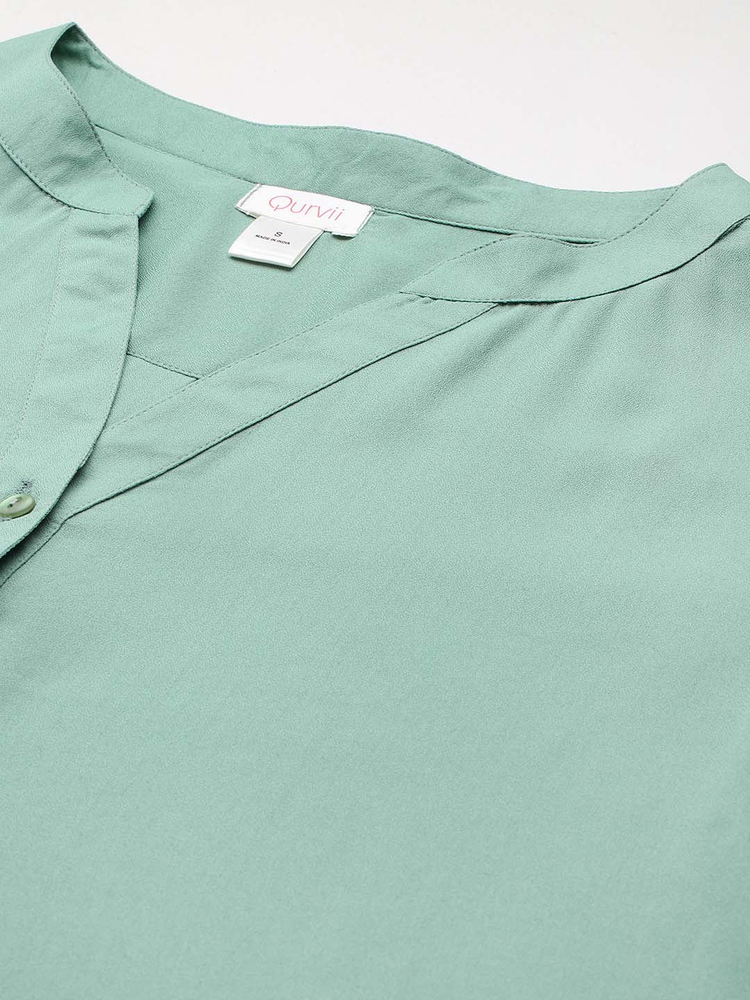 Solid Mint green half-placket mandarin collar shirt