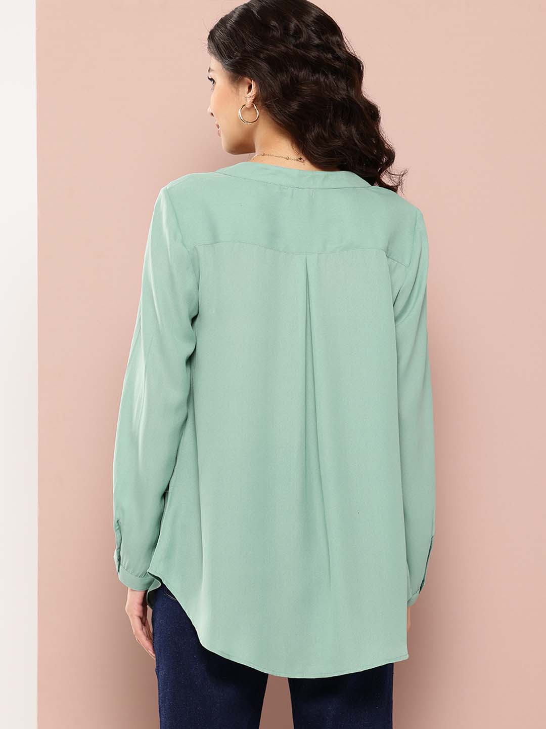 Solid Mint green half-placket mandarin collar shirt