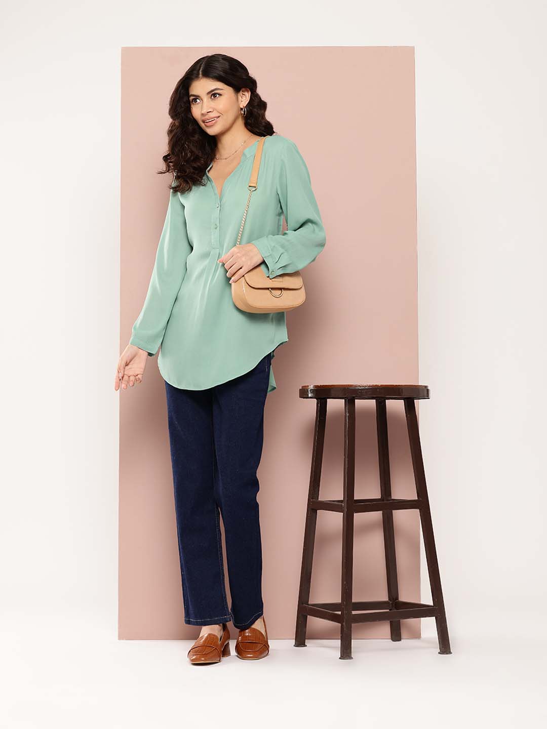 Solid Mint green half-placket mandarin collar shirt