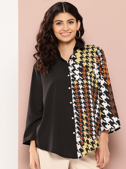 Black and Multi colorblock shirt with 3/4 sleeves.