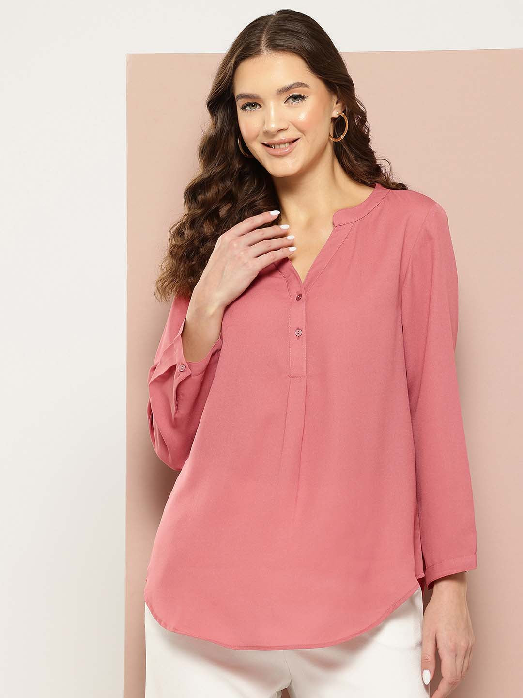 Solid Peach half-placket mandarin collar shirt