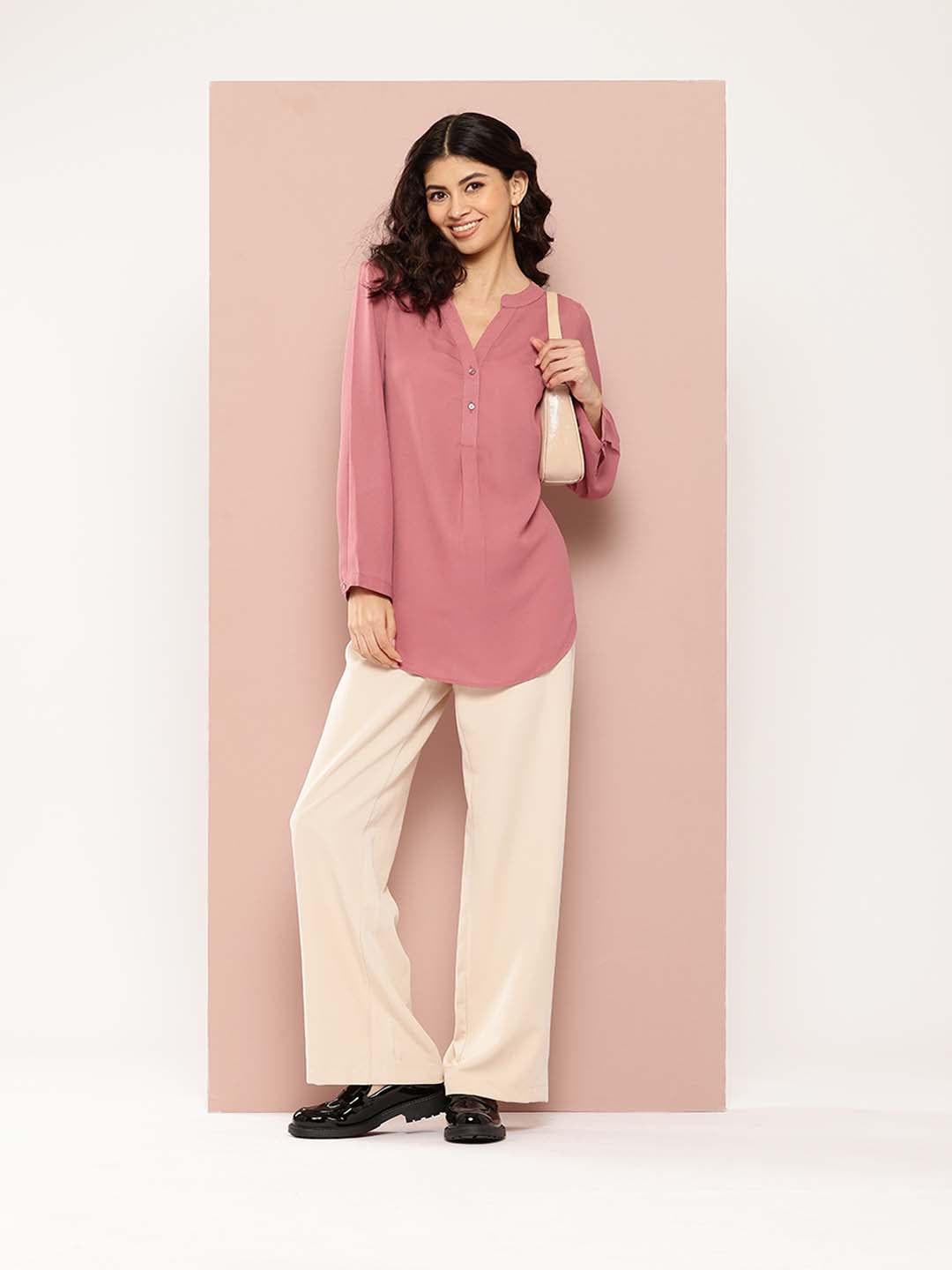 Solid Peach half-placket mandarin collar shirt