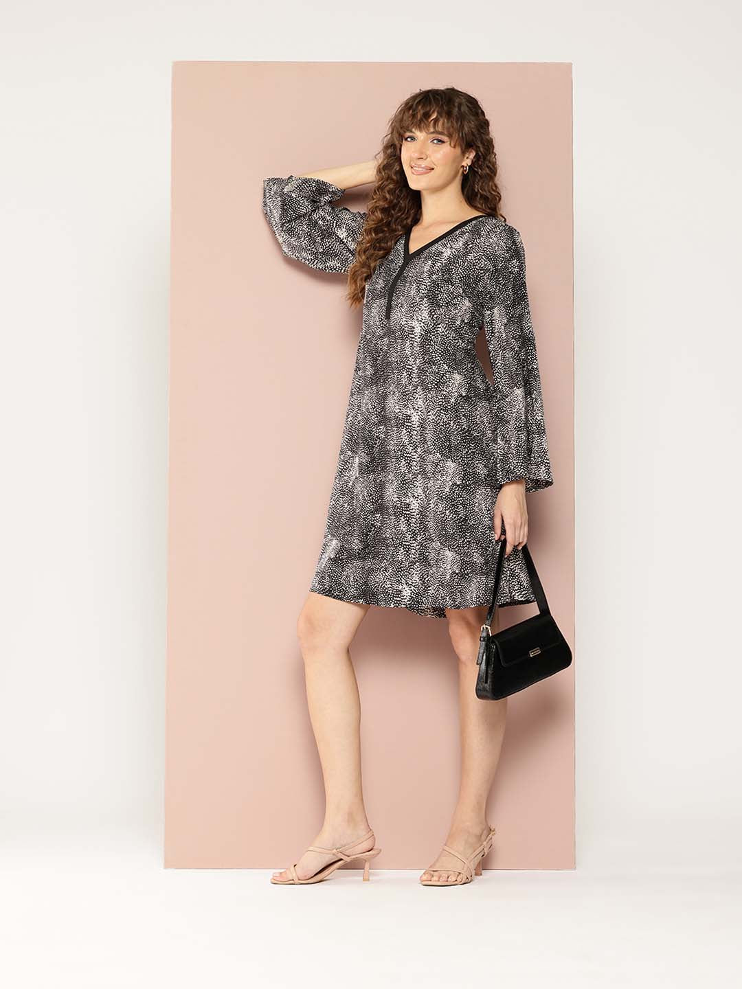 Black & off-white Animal print A-line Dress With Bell Sleeves