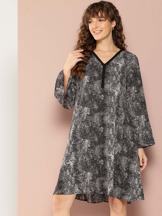 Black & off-white Animal print A-line Dress With Bell Sleeves