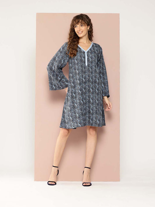 Black & powder blue Animal print A-line Dress With Bell Sleeves