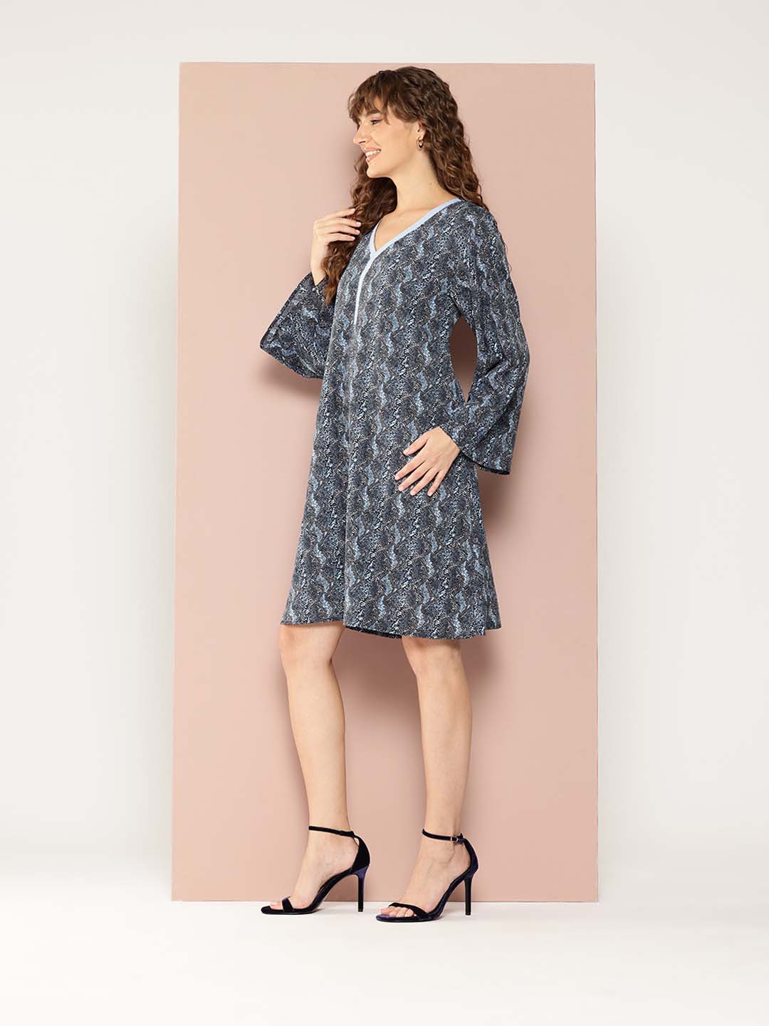 Black & powder blue Animal print A-line Dress With Bell Sleeves