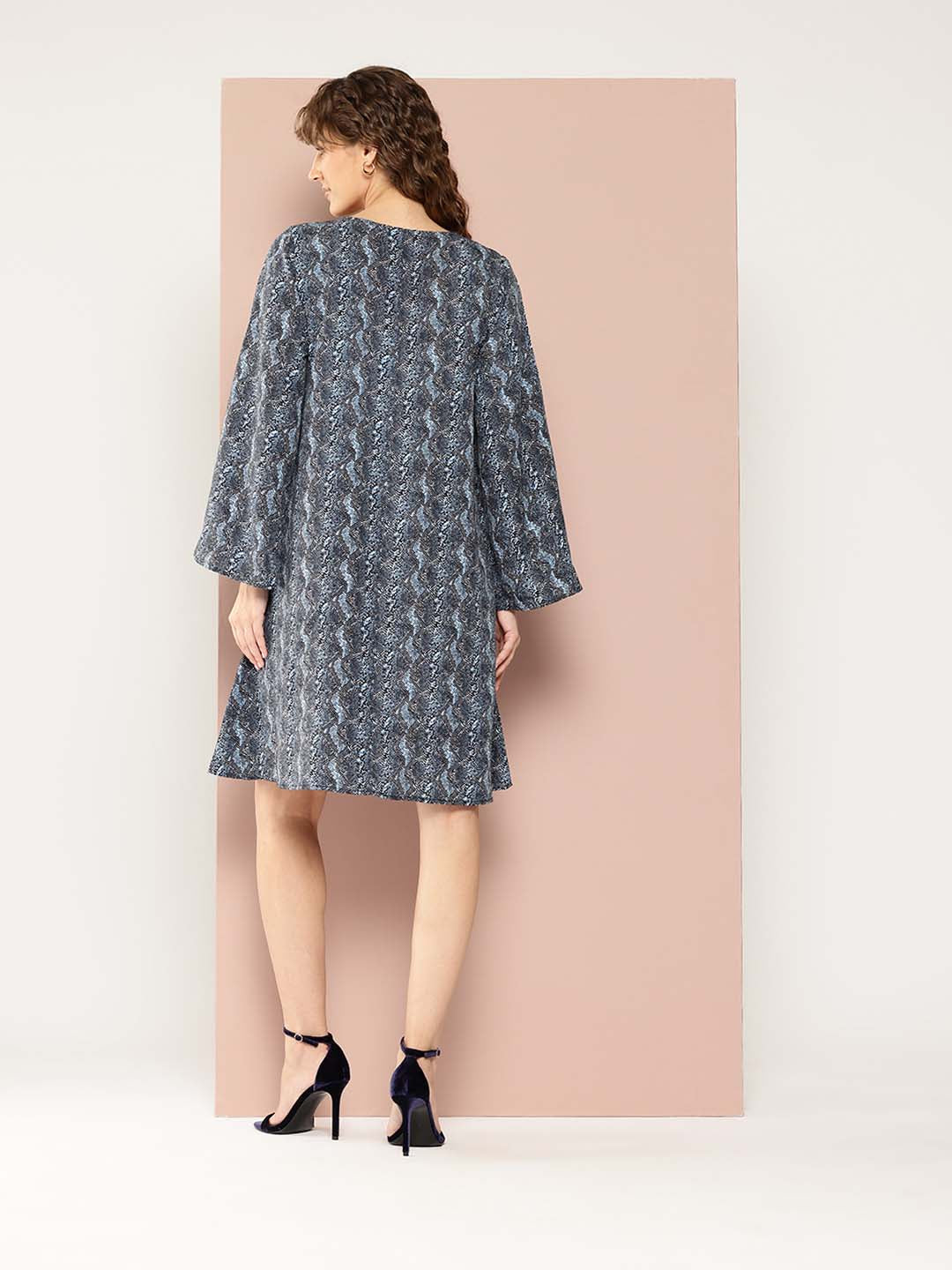 Black & powder blue Animal print A-line Dress With Bell Sleeves