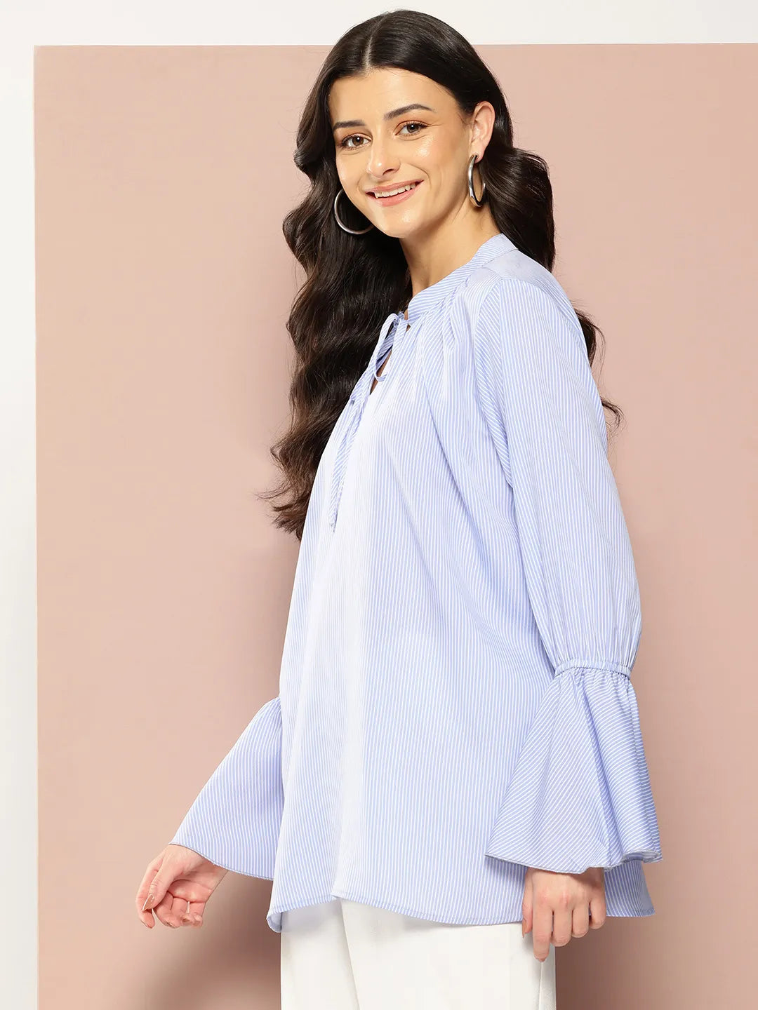 Classic Stripes Tie-Up Neck Top with Long Bell Sleeves