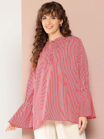 Stripes Printed Tie-Up Neck Top with Long Bell Sleeves