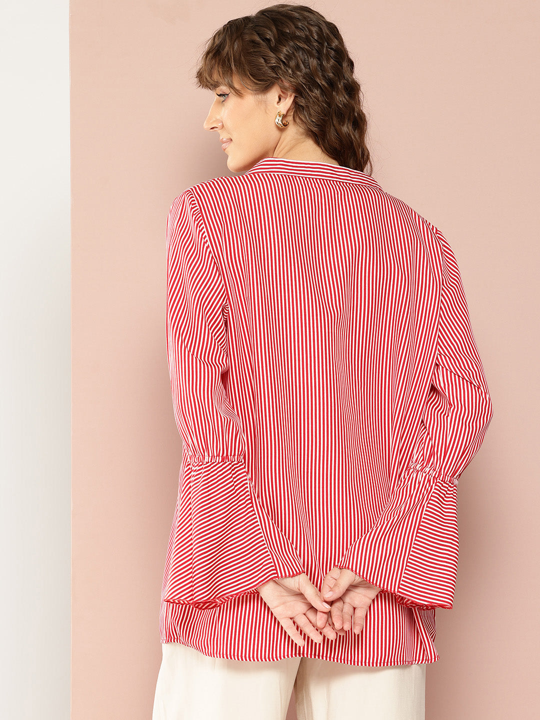 Stripes Printed Tie-Up Neck Top with Long Bell Sleeves