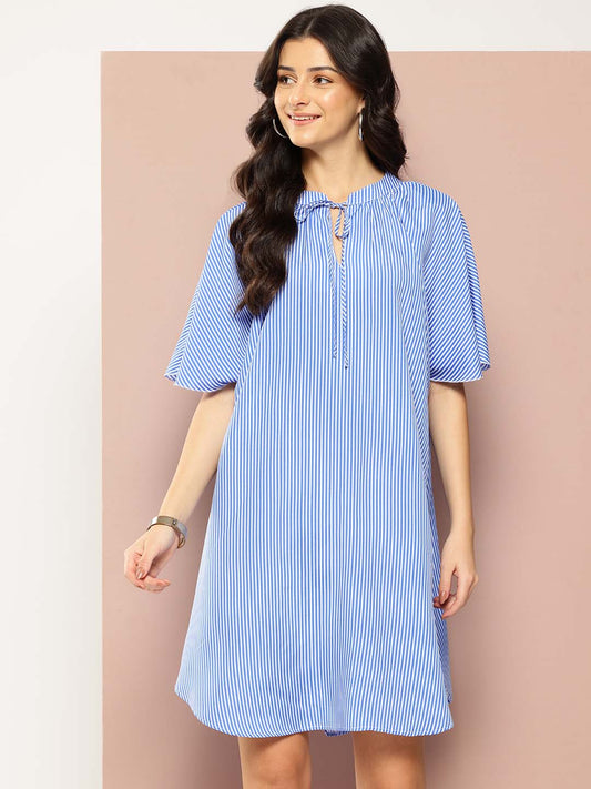 Blue Stripes Tie-Up Neck Top with Long Bell Sleeves