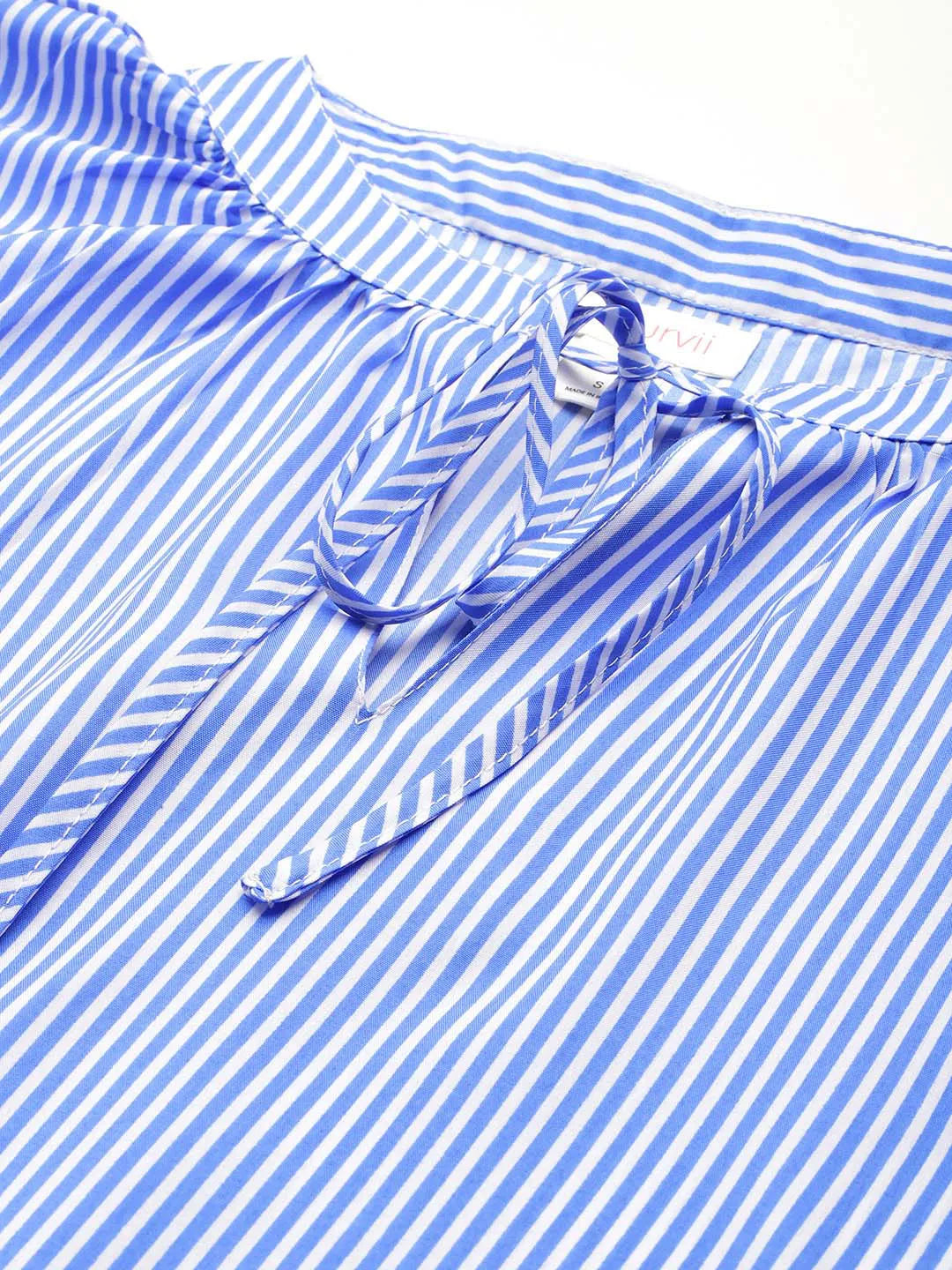 Blue Stripes Tie-Up Neck Top with Long Bell Sleeves