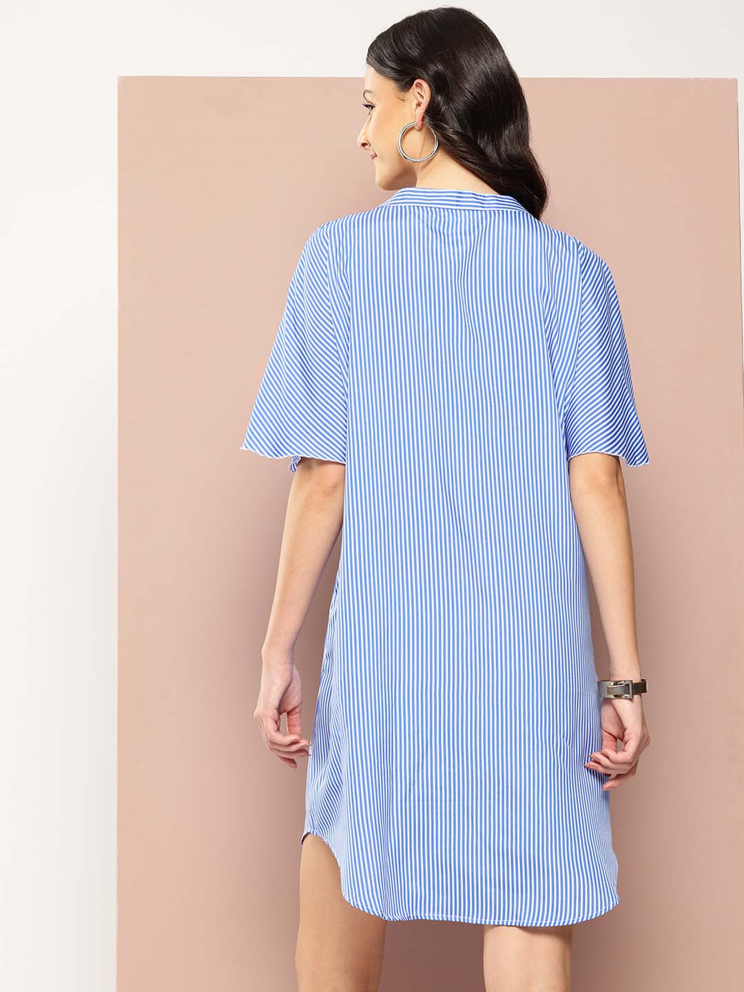 Blue Stripes Tie-Up Neck Top with Long Bell Sleeves