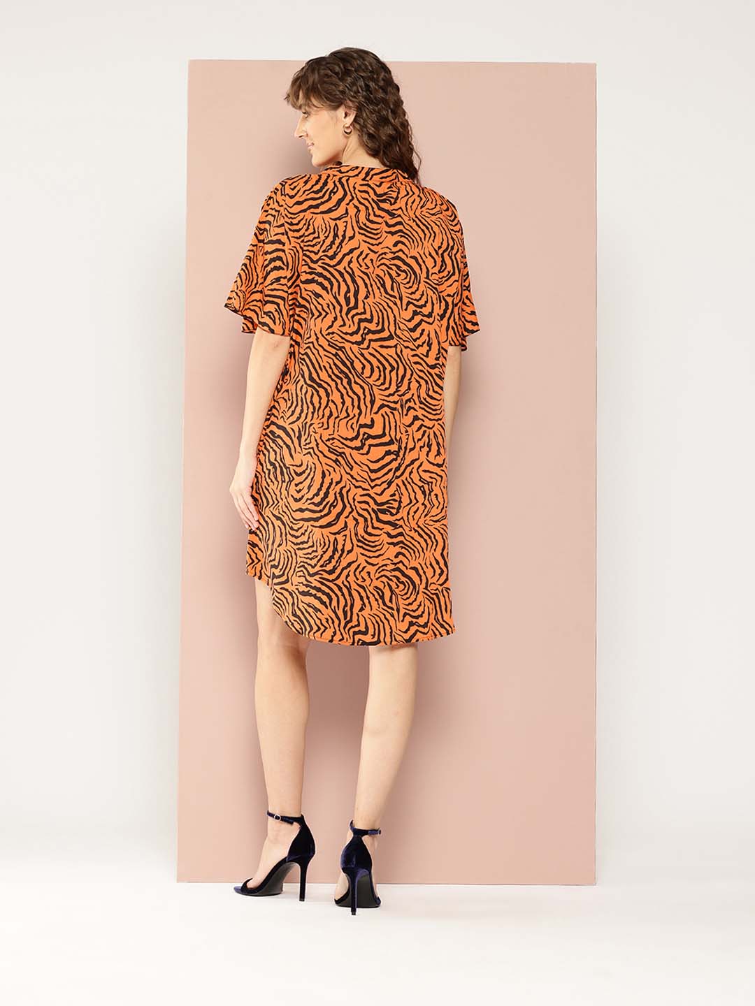 Zebra print tie-up neck oversized dress