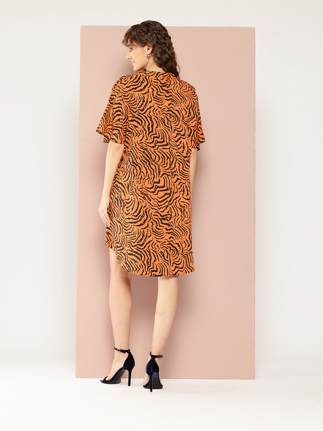 Zebra print tie-up neck oversized dress