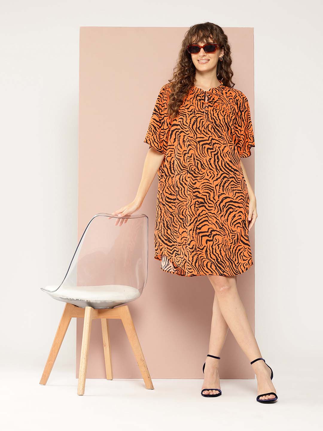 Zebra print tie-up neck oversized dress