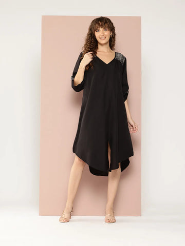 Black slit dress with animal print patch work