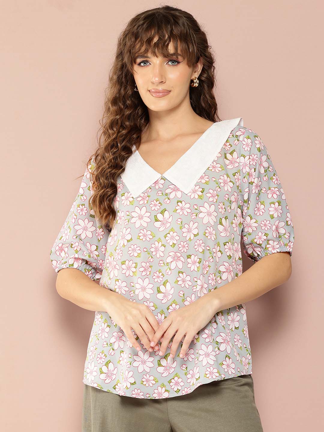 Floral print peter pan collar top with puffed sleeves