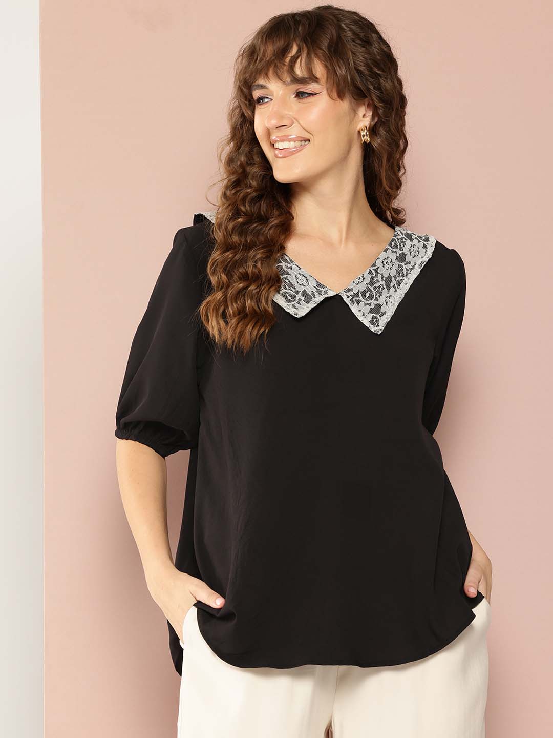 Solid black peter pan collar top with puffed sleeves