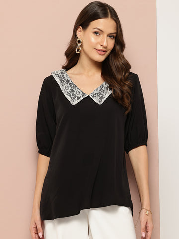 Solid black peter pan collar top with puffed sleeves
