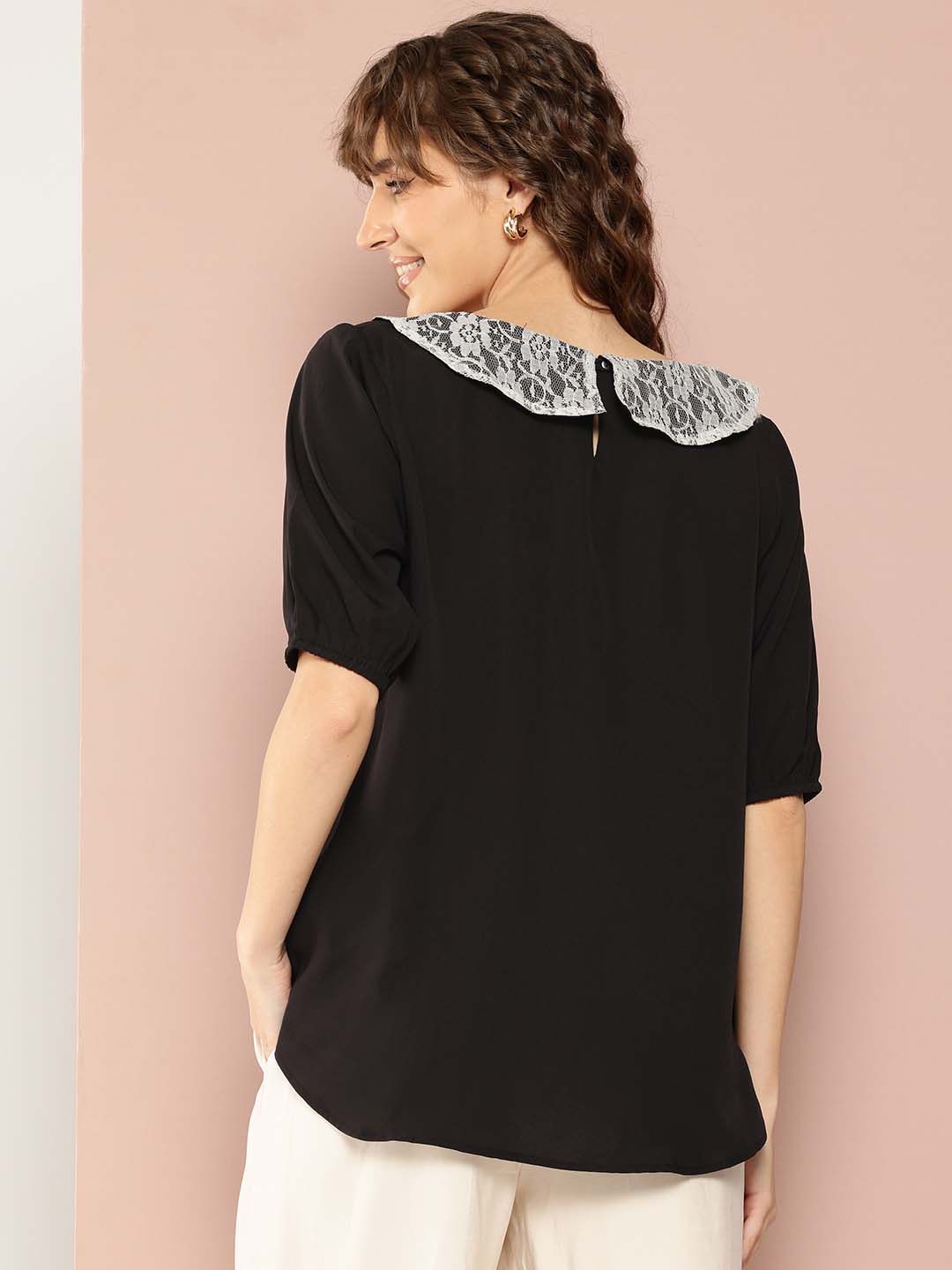 Solid black peter pan collar top with puffed sleeves