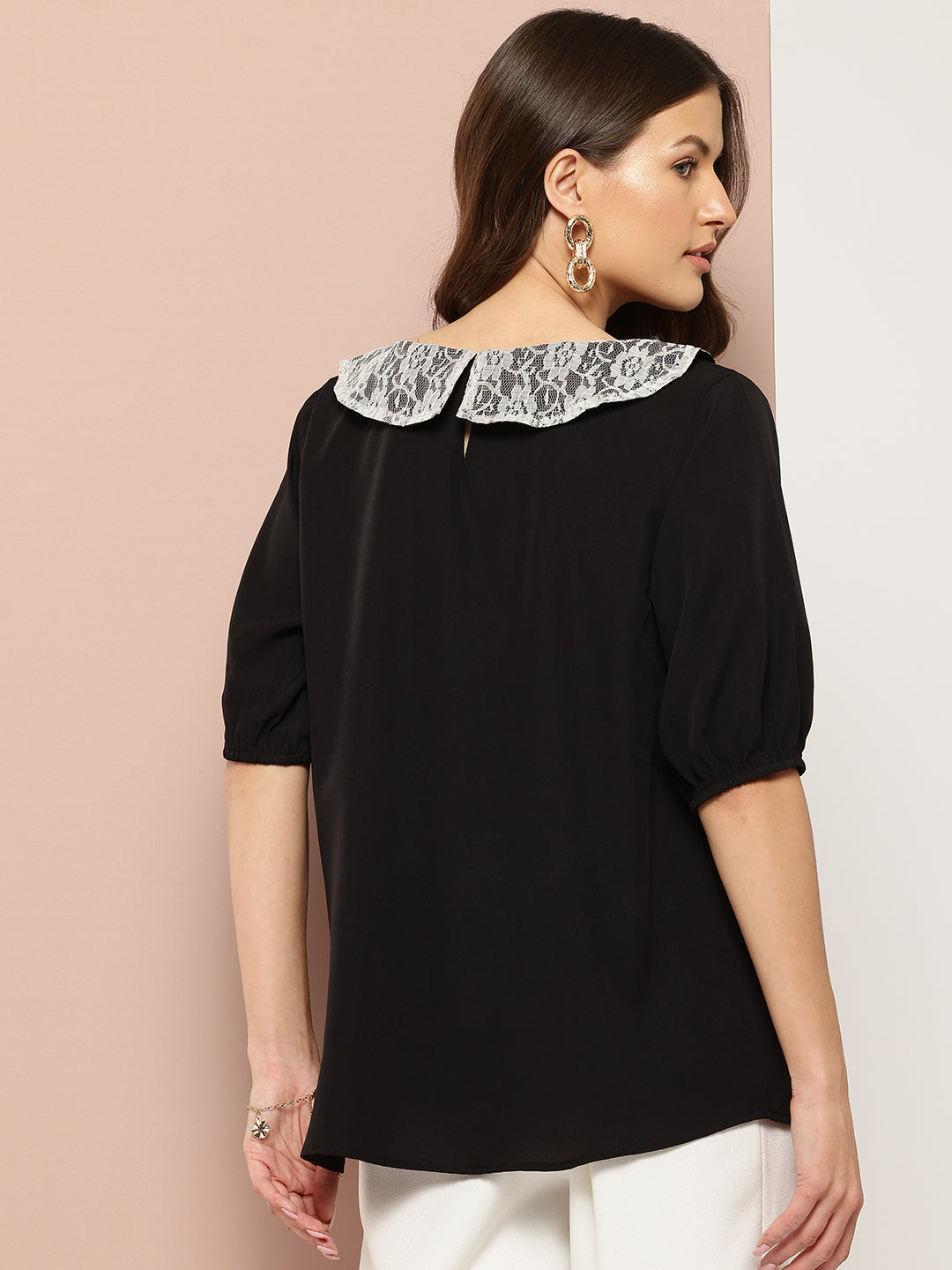 Solid black peter pan collar top with puffed sleeves