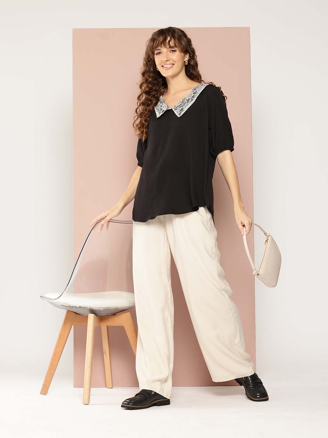 Solid black peter pan collar top with puffed sleeves