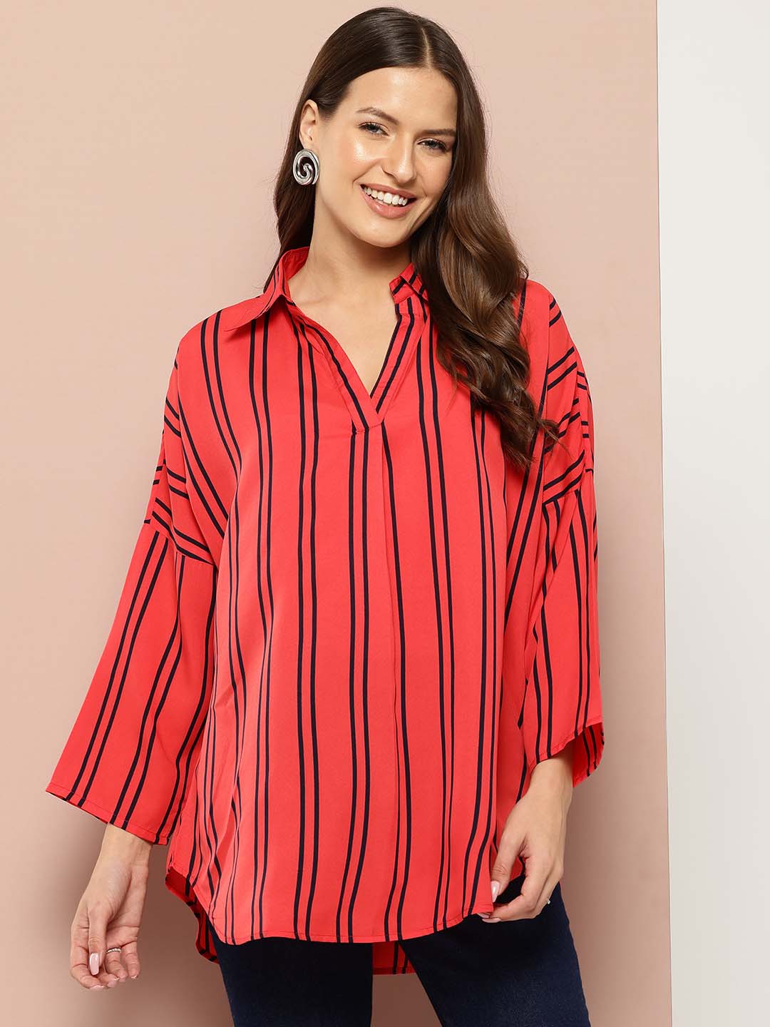 Red Striped drop-shoulder top with a wide collar