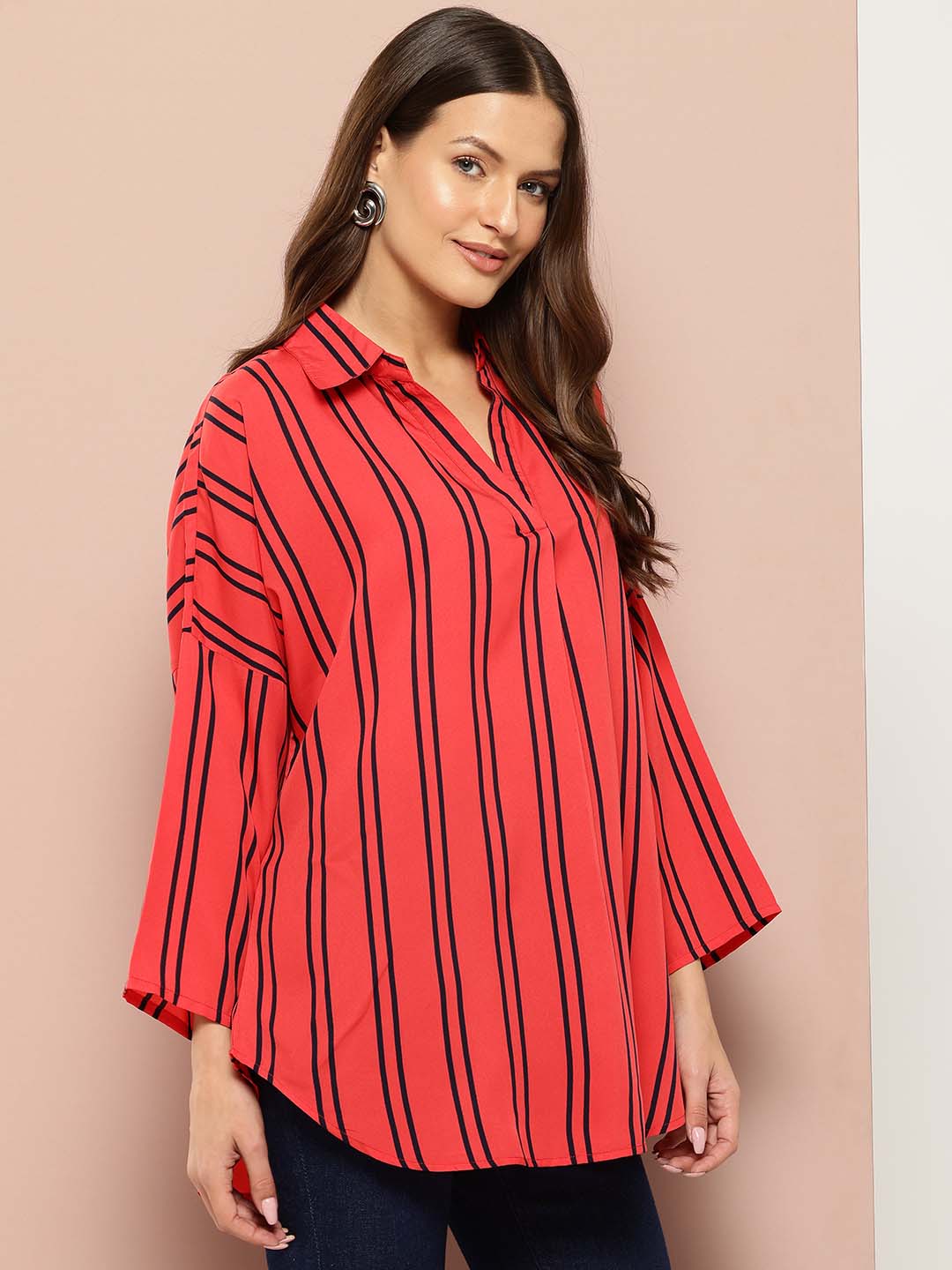 Red Striped drop-shoulder top with a wide collar