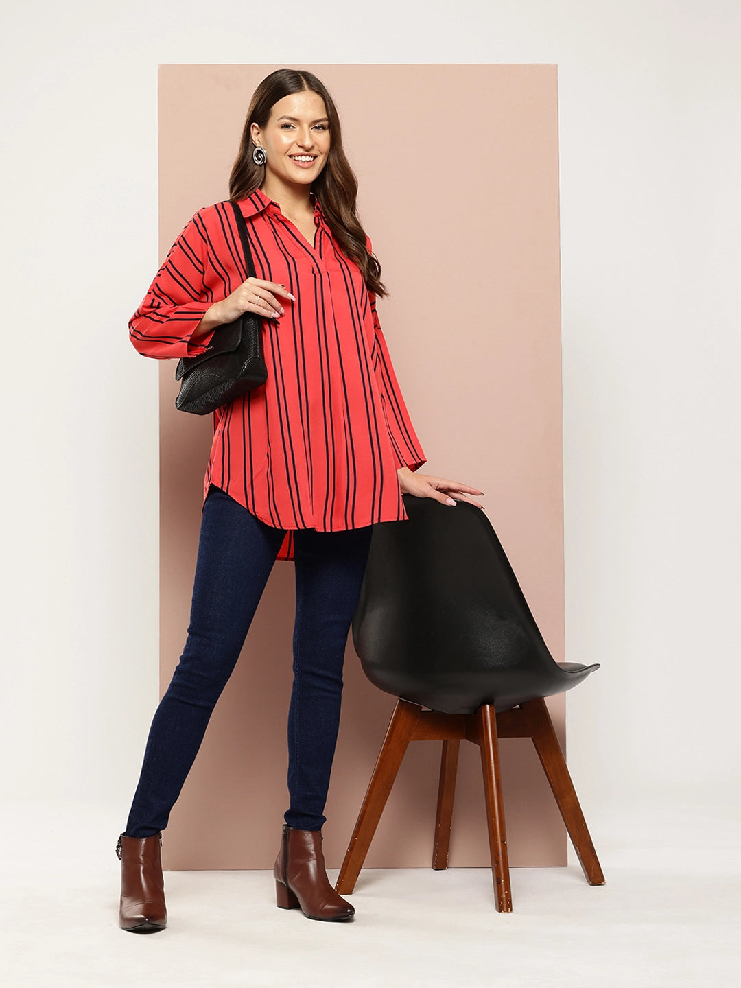 Red Striped drop-shoulder top with a wide collar