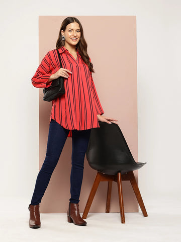 Red Striped drop-shoulder top with a wide collar
