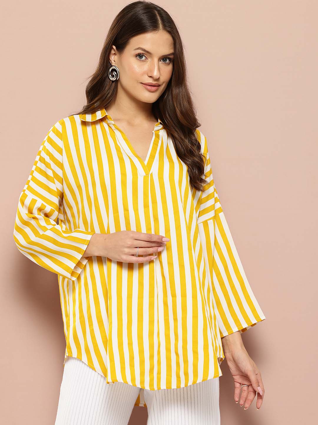 Yellow Striped drop-shoulder top with a wide collar