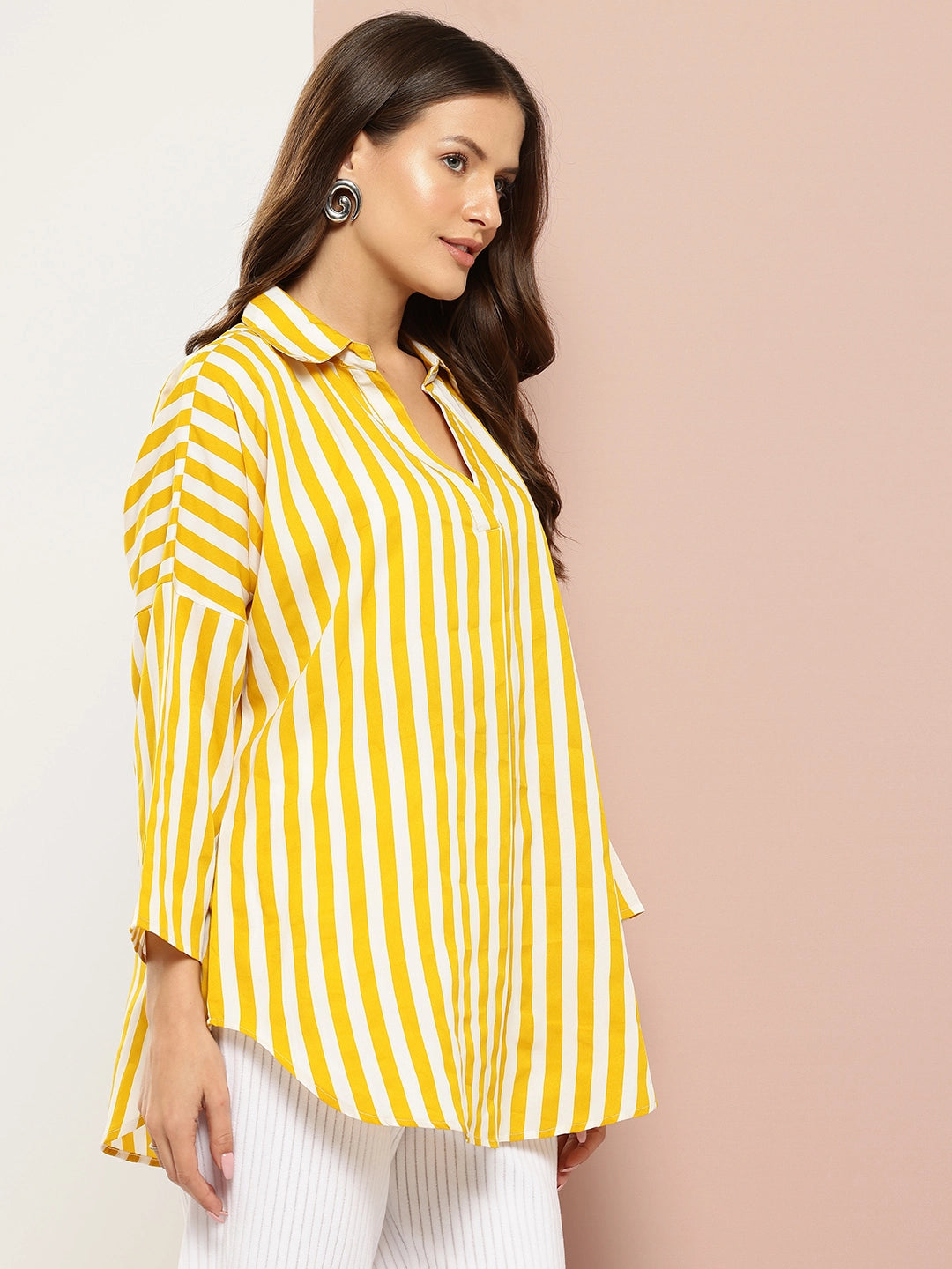 Striped drop-shoulder top with a wide collar