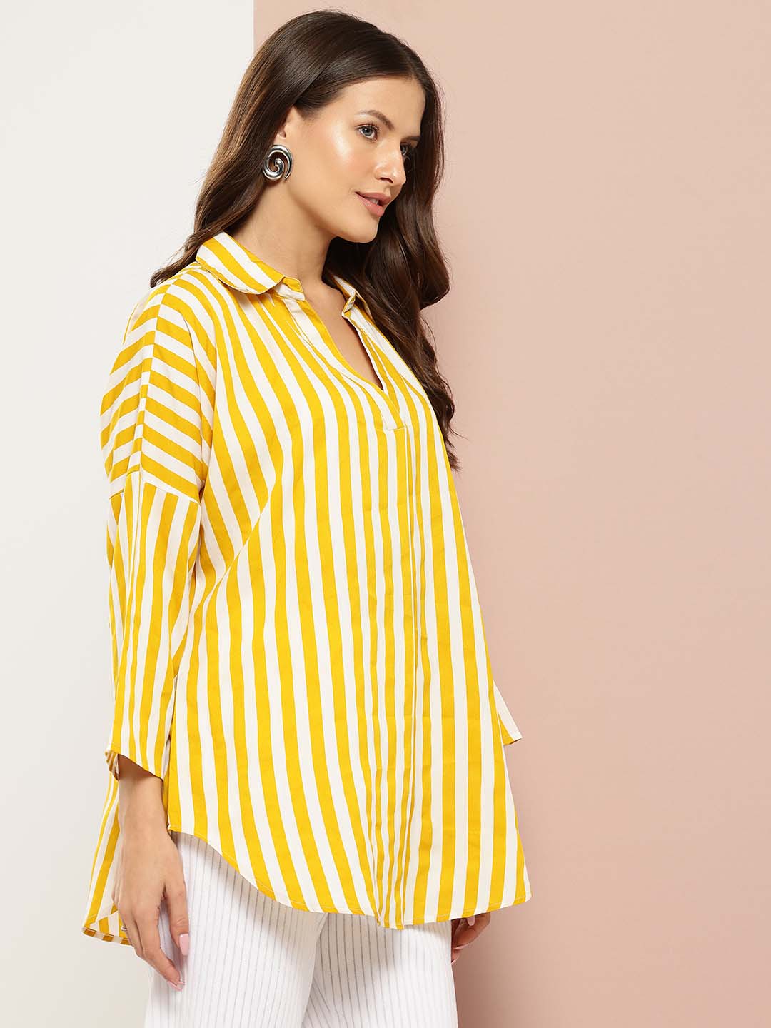 Yellow Striped drop-shoulder top with a wide collar