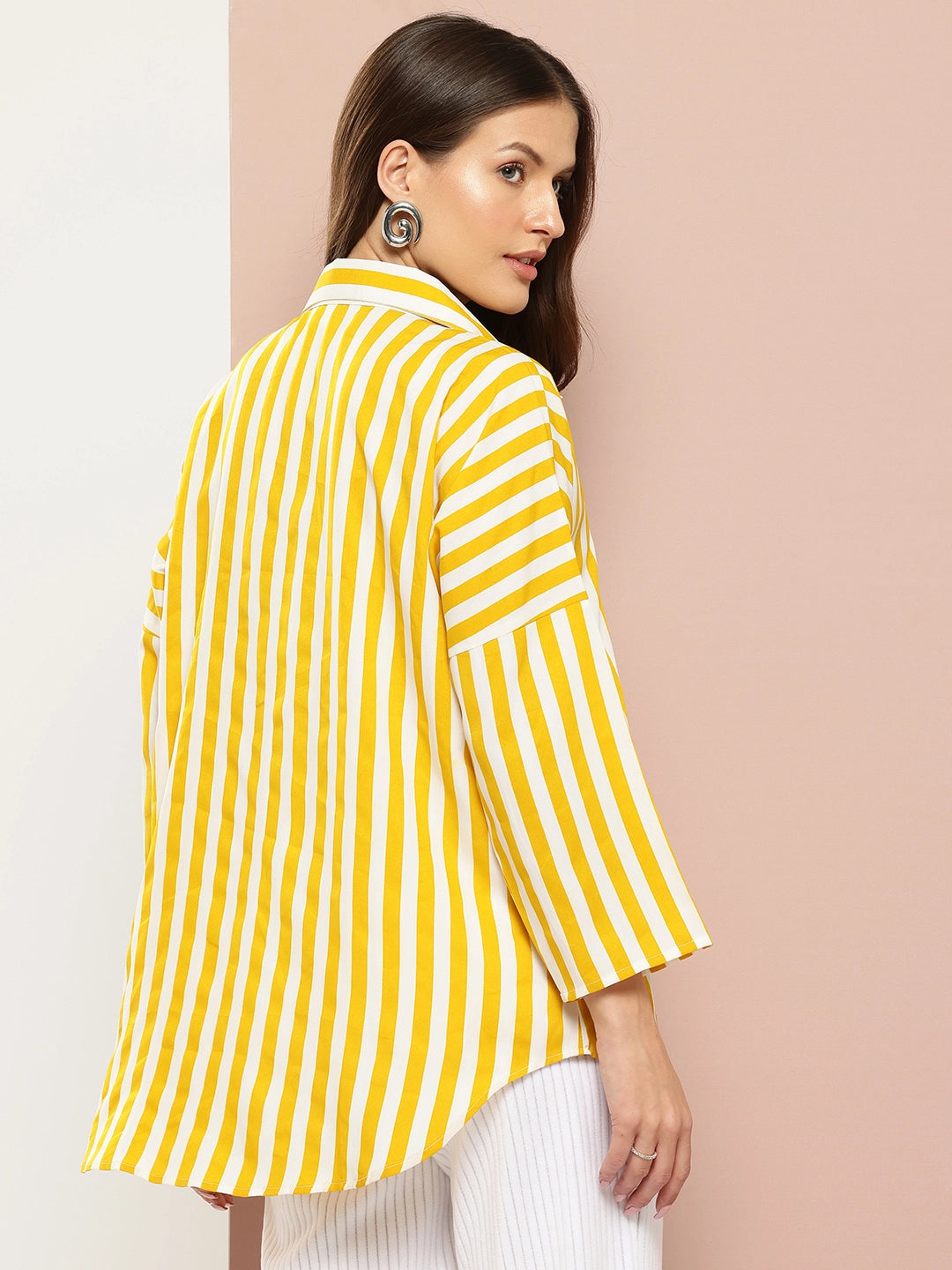 Striped drop-shoulder top with a wide collar