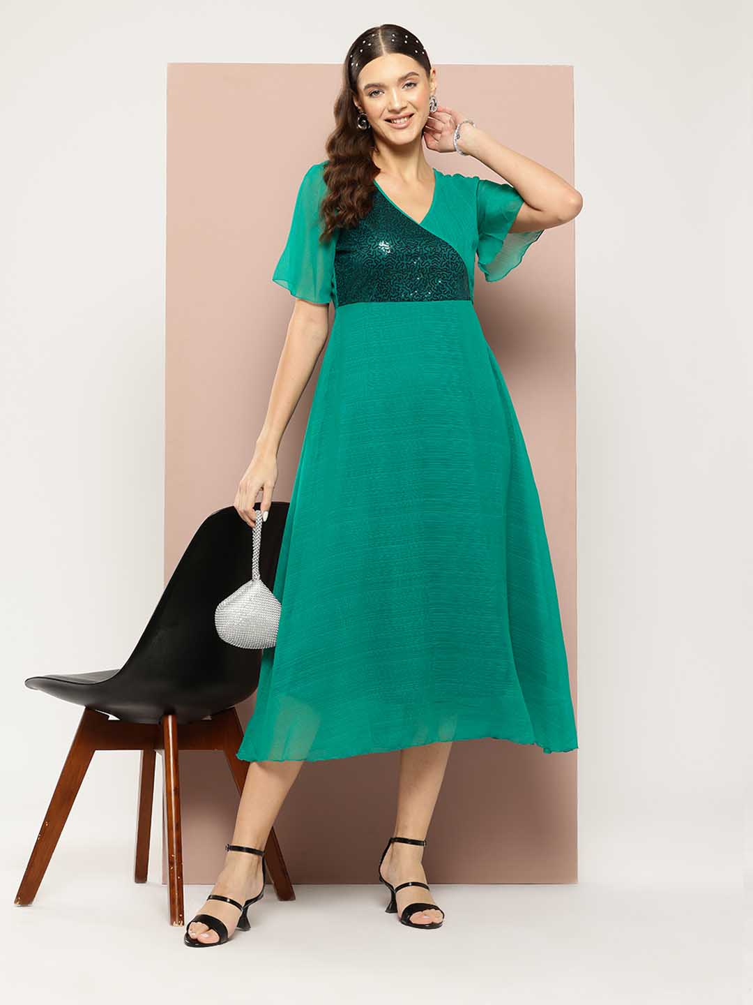 Sequins yoke Green georgette party Maxi dress