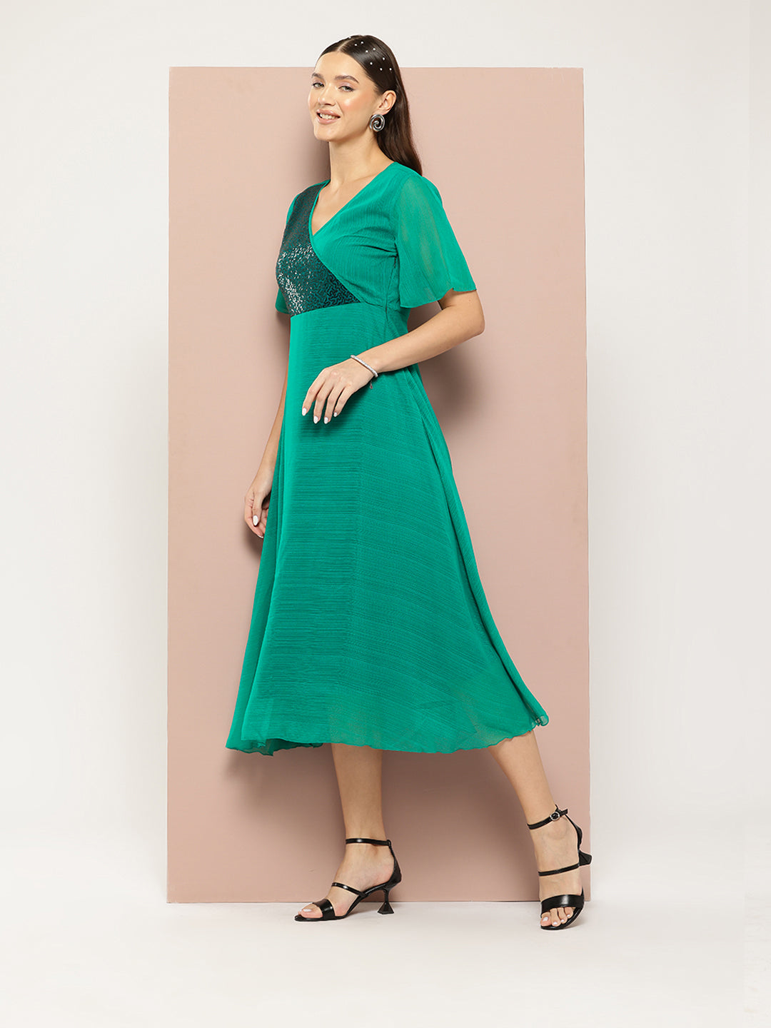 Sequins yoke Green georgette party Maxi dress