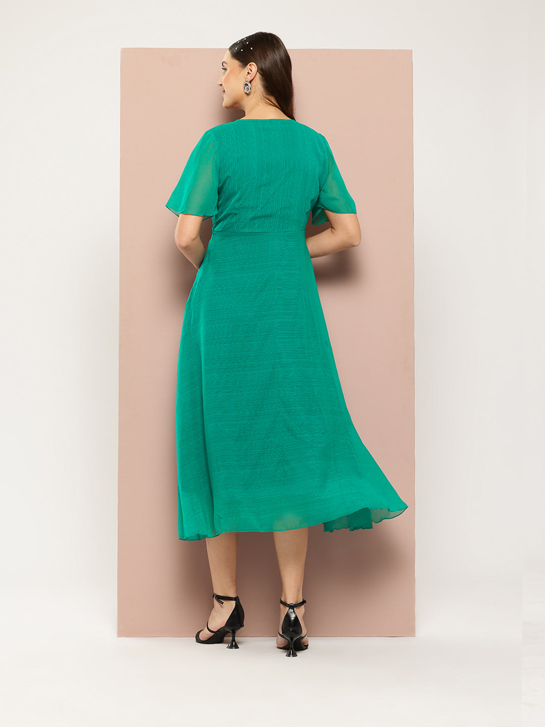 Sequins yoke Green georgette party Maxi dress